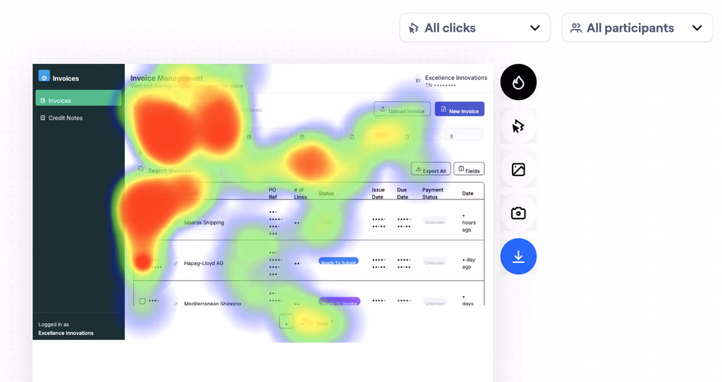 Heatmaps showing supplier interaction patterns in the invoicing flow