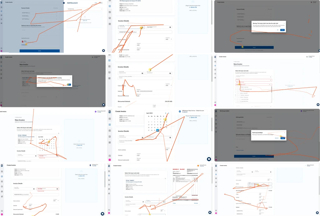 Hotjar session recordings of suppliers using the invoicing flow